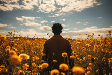 An African Man On A Quest To Truly Understand His Identity Standing In A Yellow Field Of Sunflowers Looking Out To The Horizon For