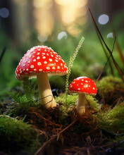 Generated Photorealistic Image Of Two Small Fly Agarics With White Speckles On Their Hats In A Summer Forest
