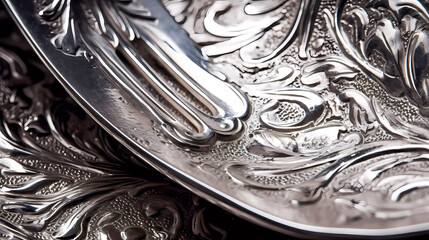 Closeup of vintage silver flat bowls with patterns on dark surface. Generative AI technology.