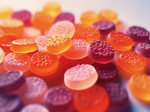 Close-up texture of red, orange and purple multivitamin gummies on white background