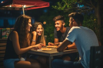 Wall Mural - Smiling laughing friends students colleagues businessmen meeting friendly dialogue diversity talking working together partnership communication friendship have dinner eat evening night cafe restaurant