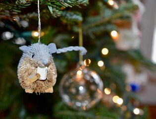 Sticker - Christmas tree branch adorned with a cute  mouse ornament and white string lights