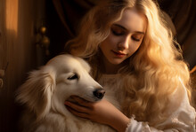 Woman With Dog. Beautiful Young Woman With Long Curly Hair And Golden Retriever Dog
