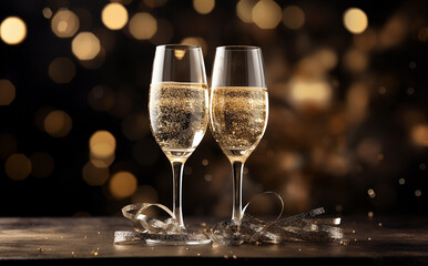 two glasses of champagne. glasses of champagne on bokeh background. new year and christmas celebrati