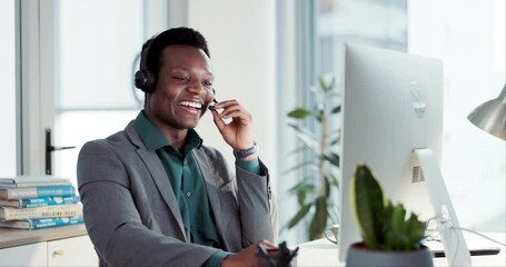 Sticker - Customer service, telemarketing and happy black man at computer, consulting and advice at help desk. Phone call, conversation and smile, callcenter consultant with headset, info and talk in office.