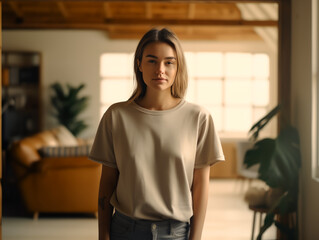 Wall Mural - girl standing while wearing white empty mock-up shirt, tshirt