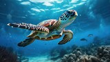 Fototapeta Do akwarium - Majestic Loggerhead Sea Turtle in Underwater Reef Habitat