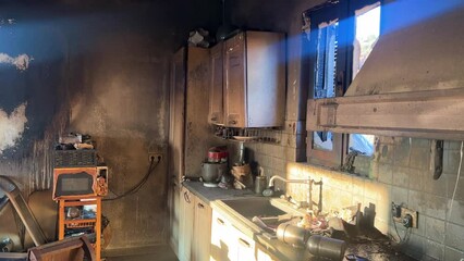 Wall Mural - Rusty kitchen with old walls and destroyed tools with light window