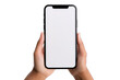© Sandris_ua - Top view of woman holding smartphone with white screen isolated on white background. Generative AI