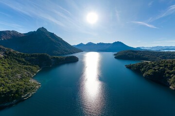 Canvas Print - Aerial view of Lopez Bay with lush vegetation and crystal-clear water in Bariloche, Argentina