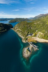 Canvas Print - Aerial view of Lopez Bay with lush vegetation and crystal-clear water in Bariloche, Argentina