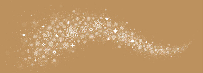 Christmas border. Snowflakes border with stars. Winter background with white decorations on gold background.