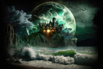 Poster - Halloween background with haunted castle and moon
