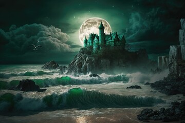 Wall Mural - Fantasy castle on the beach at full moon