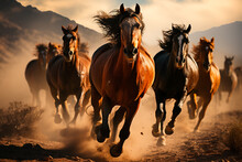 Group Of Wild Horses Running In The Desert.