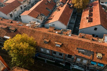 Poster - Top-down aerial view of Wuhan's cityscape with red brick building roofs during the daytime