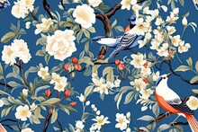 Bird And Floral Pattern, Fabric Pattern, Wallpaper Pattern, Generative AI