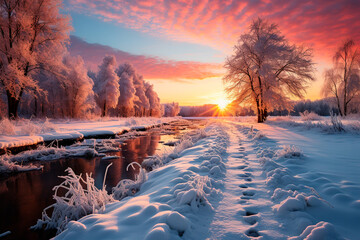 Wall Mural - sunset in winter mountains