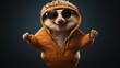 A hopping hedgehog in a hoodie and sunglasses, bouncing to the rhythm with adorable energy. Animal illustration, fairy tale image. Generative AI. 