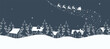 Christmas background. Seamless border. Winter landscape. Santa Claus is riding across the sky on deer with plume. White silhouettes of houses and fir trees on dark blue background. Vector