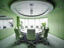 Furniture-rich Green Conference Room, Well-lit Ambiance. AI Generated.