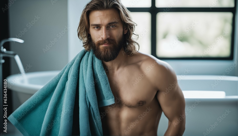Young man feeling refreshed and rejuvenated as he dries off with a soft ...