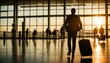 Silhouette of male passenger waiting for flight at airport during sunset