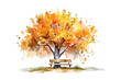 Autumn tree with bench watercolor. Vector illustration design.