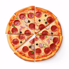 Wall Mural - Classic pizza from pizzeria top view with cut slices isolated on a white background.