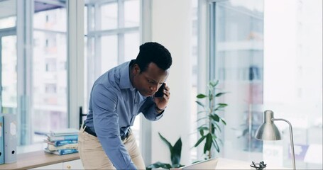 Poster - Phone call, laptop and black man in business, typing and communication in office. Smartphone, computer and serious professional in negotiation, contact research and consultant networking for email