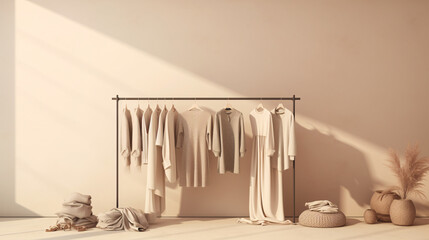 Wall Mural - Grunge backdrop showcases clothes, while cream background hosts shelf. Array of neutral beige-hued garments adorns a rack. 3D rendering imbues store and bedroom vibes.