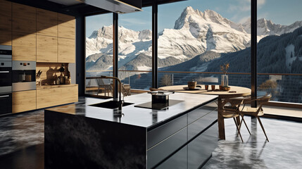 Wall Mural - Large kitchen in an exclusive apartment in the mountains. A large panoramic window on the wall - Generative AI technology