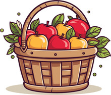 Vector Illustration Of A Wicker Basket Filled With Freshly-picked Apples On A White Background.