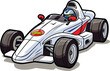 Cartoon race car driver speeding with a racing suit and helmet on a white background