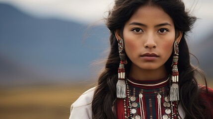 Wall Mural - beautiful peruvian woman in traditional clothes - posing in the andes (Generative AI)