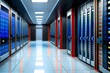 © Fahad - Shot of Modern Data Center With Multiple Rows of Fully Operational Server Racks. Modern High-Tech Telecommunications Database Super Computer in a Room