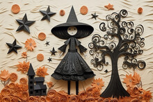Cute Children's Handmade Postcard To Halloween With Paper Witch Near Tree And Little House