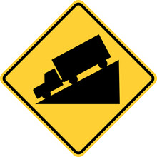 Vector Graphic Of A Usa Steep Grade Or Hill Highway Sign. It Consists Of A Truck Rolling Down A Steep Gradient Within A Black And Yellow Square Tilted To 45 Degrees