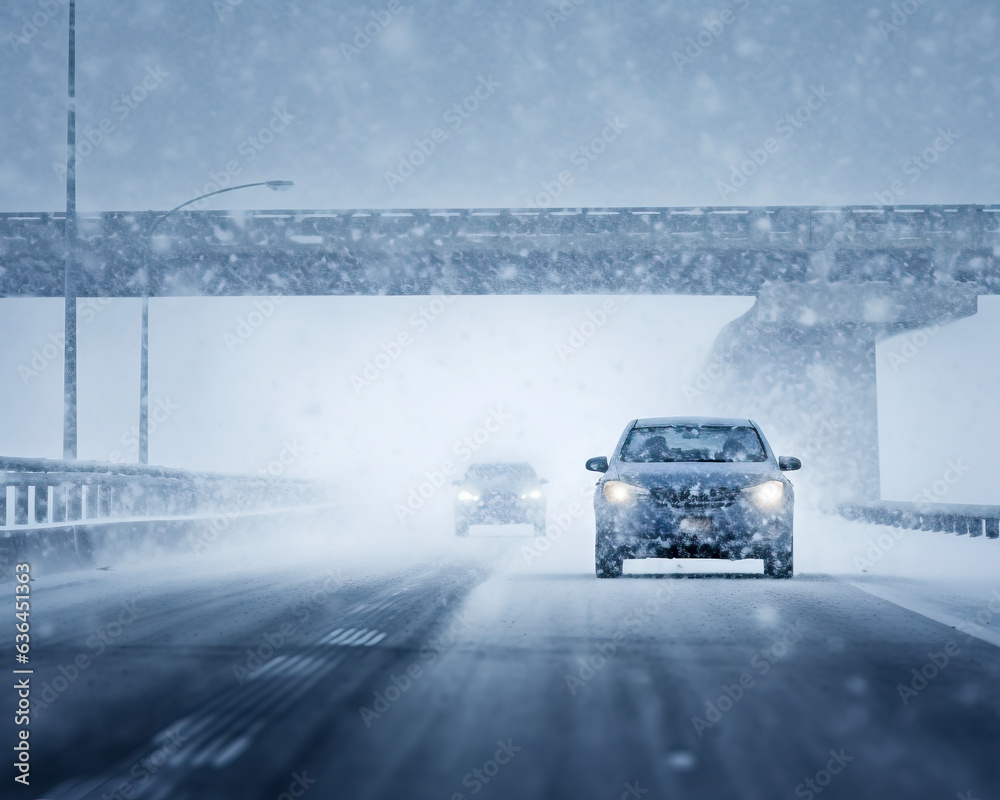 Car driving on a highway in a blizzard with the road covered in snow ...