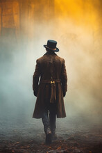 Steampunk Man Walking Away With A Brown Leather Pea Coat And Top Hat In The Foggy Background City.