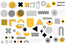 Set Of Abstract Shape Background With Black Yellow, Set Of 100 Geometric Shapes. Memphis Design, Retro Elements