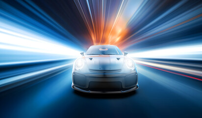 Sticker - Generic and unbranded sport car speed driving in a blue tunnel, 3D illustration