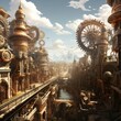 Imagine a sprawling cityscape where Victorian architecture meets futuristic machinery, with gears, cogs, and steam-powered contraptions defining the urban landscape Generative Generative AI
