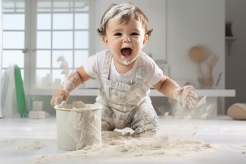 Wall Mural - a playful hyperactive cute white toddler child misbehaving and making a huge mess in a kitchen, throwing around things, flour and dough or sand and food