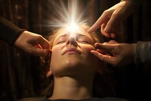 A Professional Reiki Healer Expert Performing A Cleansing Therapy On A Client: Holding Hands Over A Head, Producing A Light Beam Of Energy