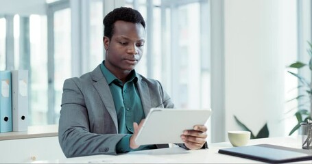 Leinwandbilder - Business man, thinking and ideas on tablet for stock market, investment or trading software solution or planning. Professional african person or trader with decision, choice or vision on digital tech