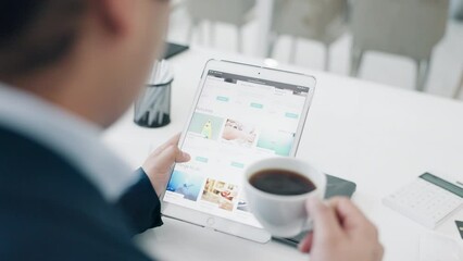 Poster - Business person, drinking coffee and tablet screen in office while browsing media tr website. Professional entrepreneur at desk with technology for Internet scroll, social network and ui or research