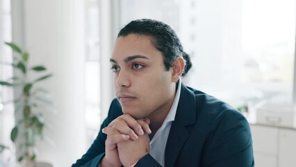 Poster - Serious, corporate and a businessman in an office for thinking, planning or a vision. Workspace, young and a male employee or worker with an idea, strategy or working at an agency while sitting