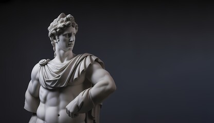  Statue of a plaster figure of an ancient Greek god, white on a black background. Copy space.