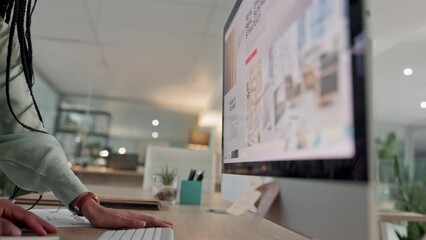 Poster - Business people, hands and computer screen for website design, planning and brainstorming or presentation. Professional worker or designer on monitor, desktop pc and company growth strategy at night